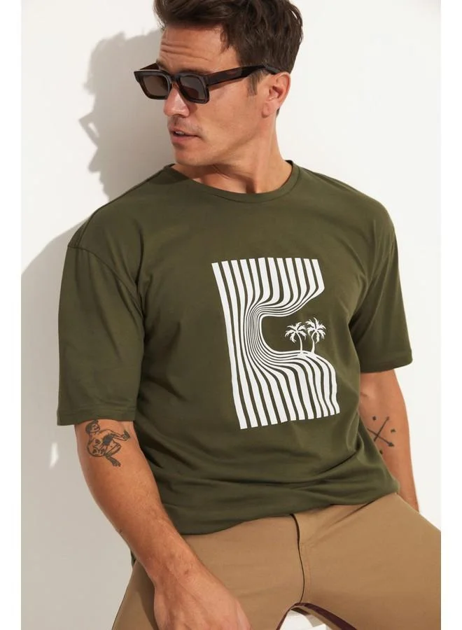 جون June Men Oversize Printed Crew Neck Tshirt Khaki