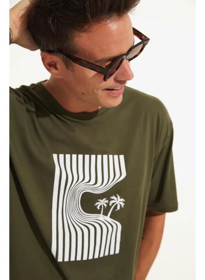 جون June Men Oversize Printed Crew Neck Tshirt Khaki
