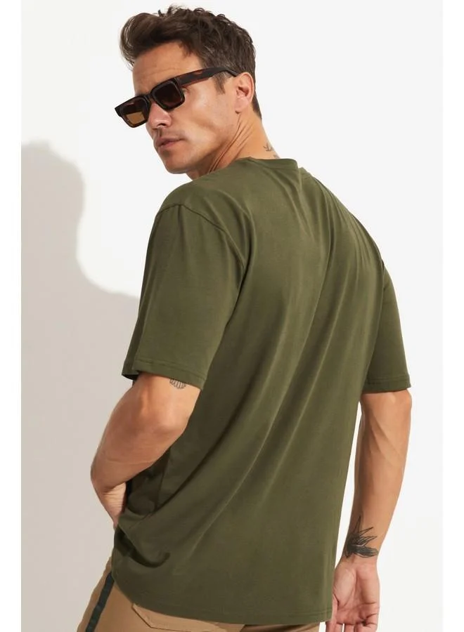 جون June Men Oversize Printed Crew Neck Tshirt Khaki