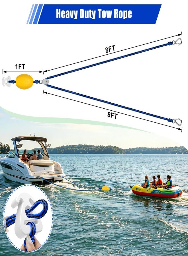 Phoncoo Boat Tow Harness for Tubing, Self Centering Boat Tow Rope with Pulley and Large Hooks, Heavy Duty Tubing Rope for 1-4 Riders Towable Tubes, Water Ski, Wakeboarding, Watersports(Blue & Black) - Image 2