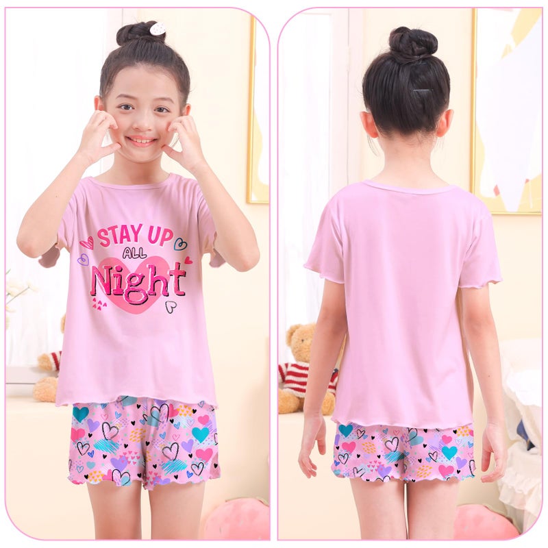 Play Tailor Girls Pajamas for Toddler Ruffled Kids Pajamas Set Short Sleeves Summer Pjs Sleepwear for Girl, Light Pink(Shirt & Short Set), 5-6Y - Image 5