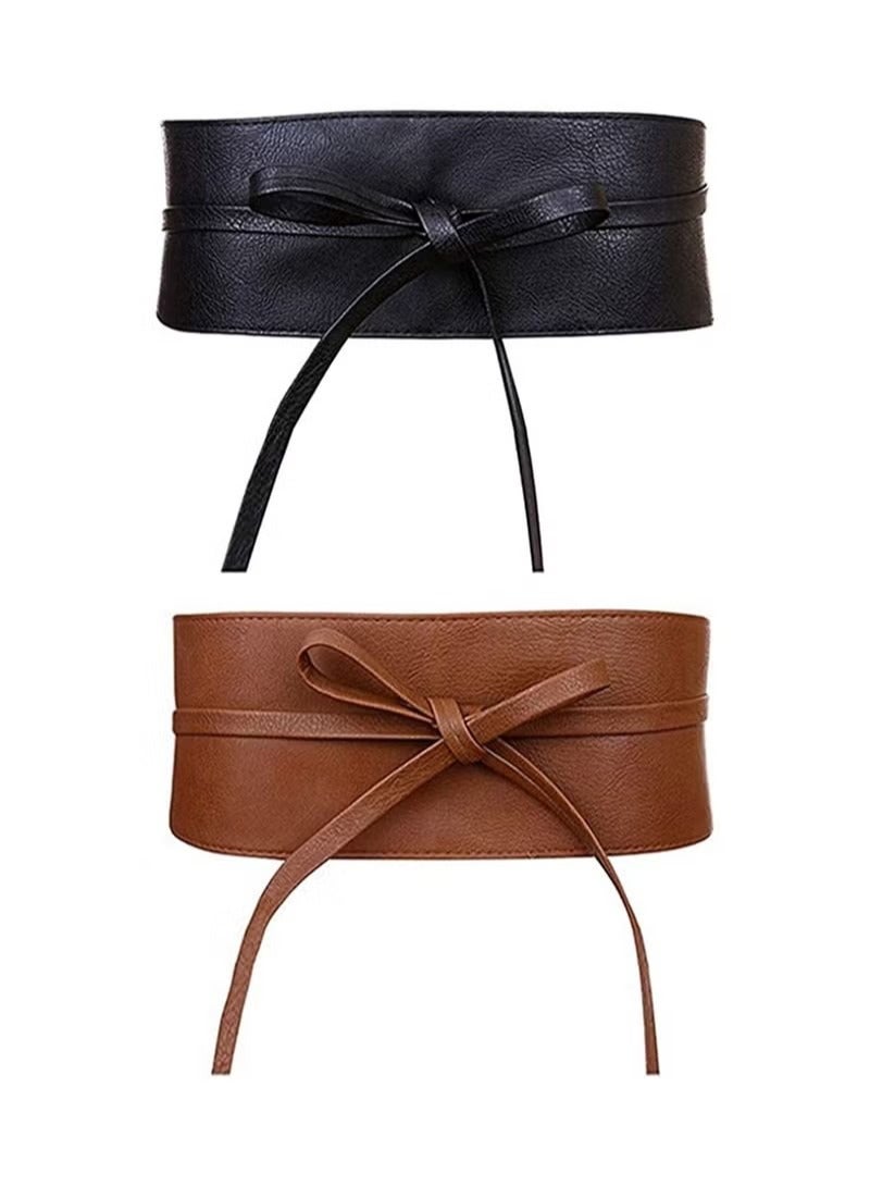2 Women's Belts Leather Wide Belt Ties and Wraparound Bows  - Image 1