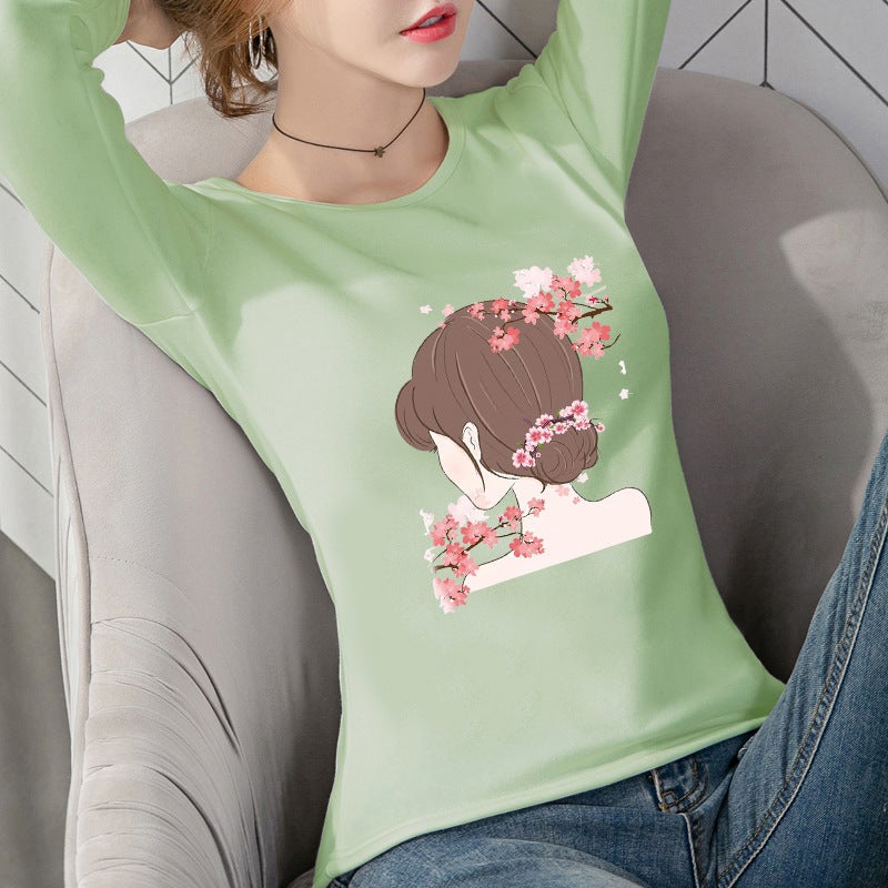 Women'S 2023 Korean New Long-Sleeved T-Shirt Women'S Round Neck Printed Long-Sleeved Top Trendy Base Shirt For Female Students - Image 4