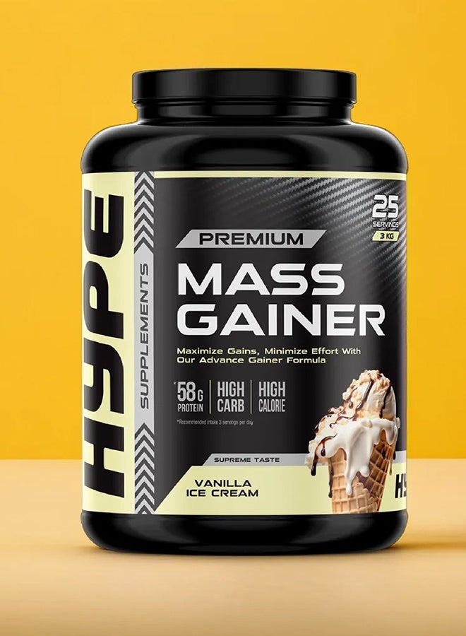 هايب ماس جينر نكهة فانيلا آيس كريم | ٣ كيلوغرام | لنمو العضلات والاستشفاء، تركيبة منخفضة الدهون - Image 2