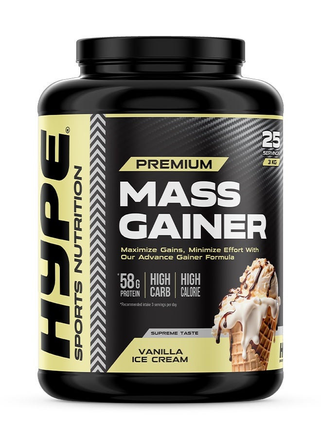 هايب ماس جينر نكهة فانيلا آيس كريم | ٣ كيلوغرام | لنمو العضلات والاستشفاء، تركيبة منخفضة الدهون - Image 1