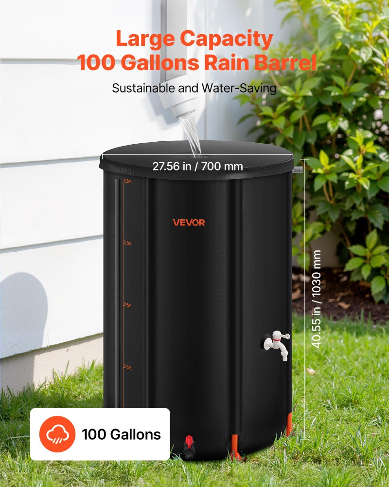 VEVOR Collapsible Rain Barrel, 100 Gallon Portable Rain Water Collection Barrel, 1000D PVC Rainwater Collection System, Garden Water Catcher Tank Storage Container with Spigot & Overflow Kit, Black - Image 4