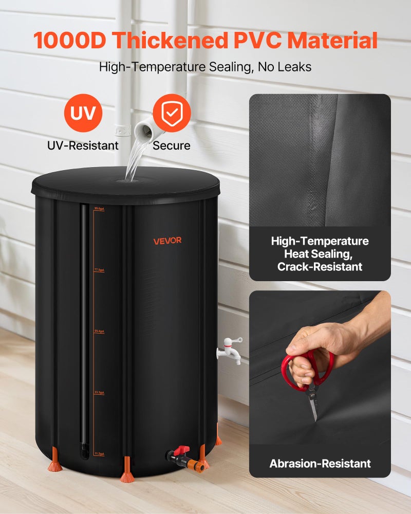 VEVOR Collapsible Rain Barrel, 100 Gallon Portable Rain Water Collection Barrel, 1000D PVC Rainwater Collection System, Garden Water Catcher Tank Storage Container with Spigot & Overflow Kit, Black - Image 2
