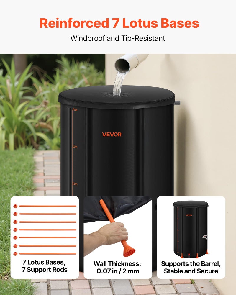 VEVOR Collapsible Rain Barrel, 100 Gallon Portable Rain Water Collection Barrel, 1000D PVC Rainwater Collection System, Garden Water Catcher Tank Storage Container with Spigot & Overflow Kit, Black - Image 3