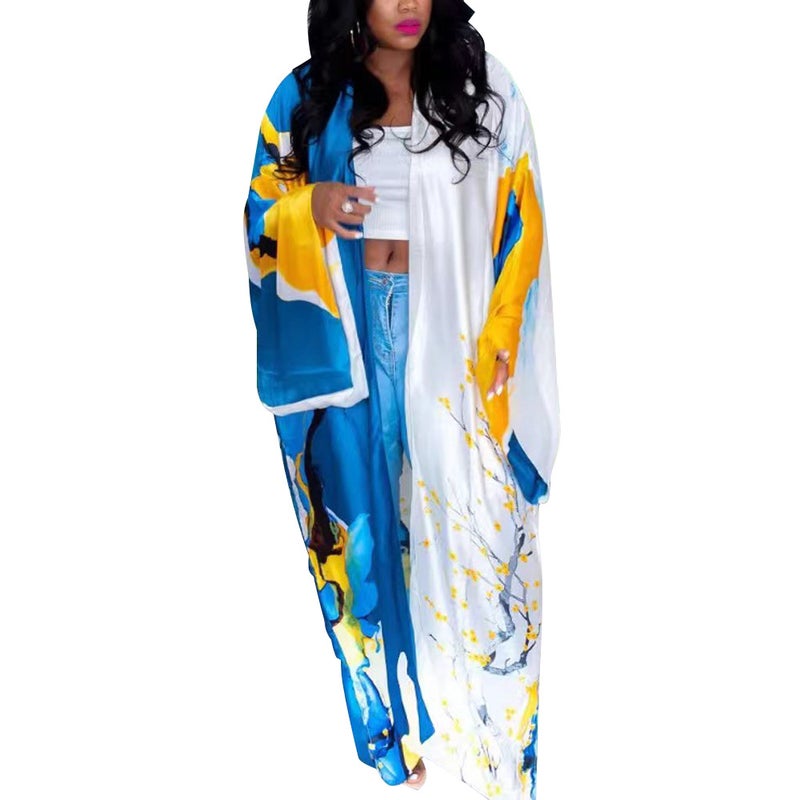 K10173 Euro-American Fashion Silk-like Printed Kimono Wrap Coat Blue