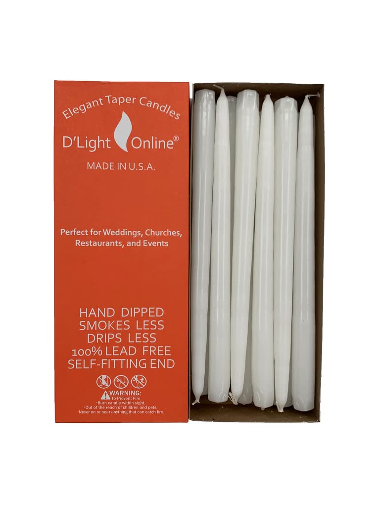 D'light Online White Taper Candles, 10 Inch Premium Quality Candles Hand-Dipped Tapered Candles, Dripless, Smokeless and Unwrapped Bulk Pack for Events - Set of 12 (10 Inch, White) - Image 1
