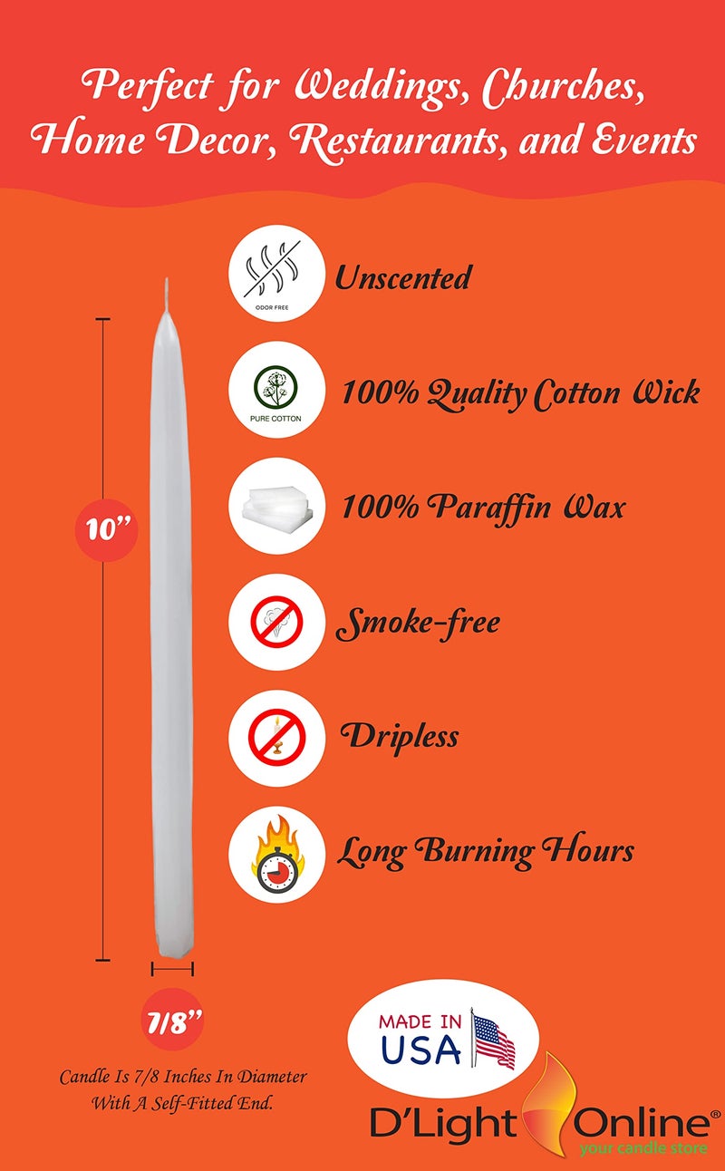 D'light Online White Taper Candles, 10 Inch Premium Quality Candles Hand-Dipped Tapered Candles, Dripless, Smokeless and Unwrapped Bulk Pack for Events - Set of 12 (10 Inch, White) - Image 2