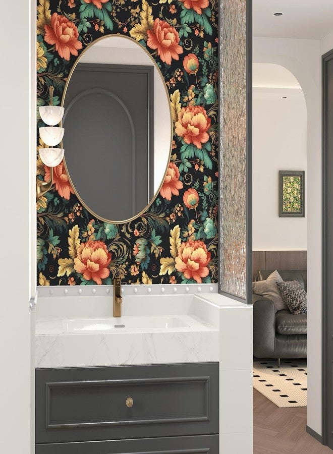 BOKEBEVE Floral Peel and Stick Wallpaper Boho Contact Paper Peel Stick Cabinet Vintage Wallpaper for Bedroom Bathroom Wall Removable Black 17.5 x 393.5In - Image 4