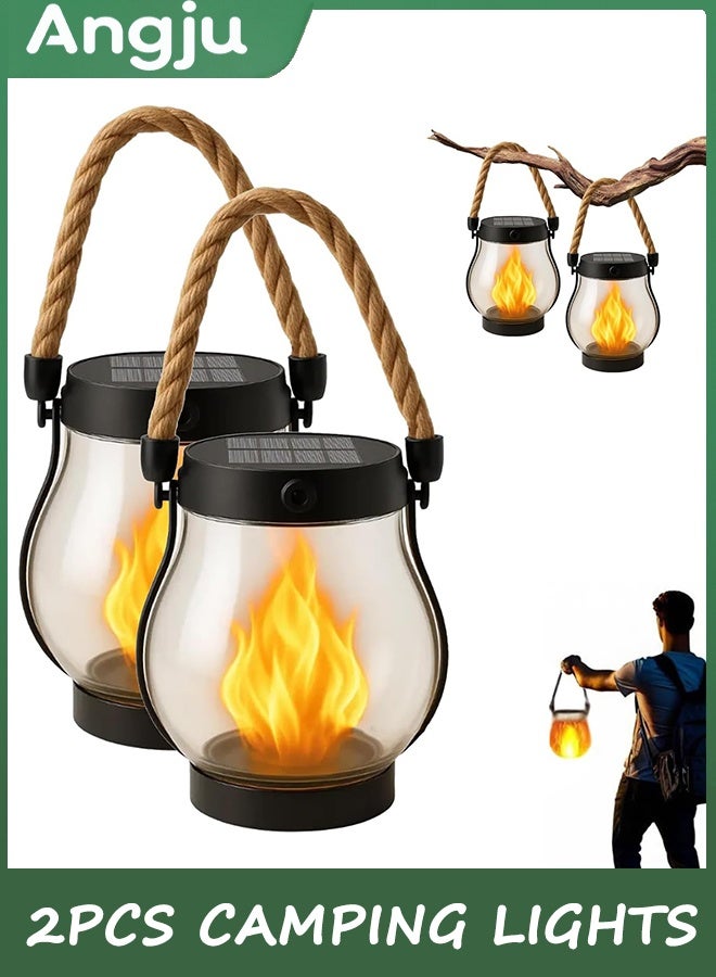 انججو أضواء التخييم ، مصابيح اللهب الشمسية في الهواء الطلق 2pcs ، حبل القنب المقاوم للماء معلق مصابيح الشمسية المتوهجة في الهواء الطلق مع أوضاع الشحن المزدوجة من Solars و USB للحديقة والفناء - Image 1
