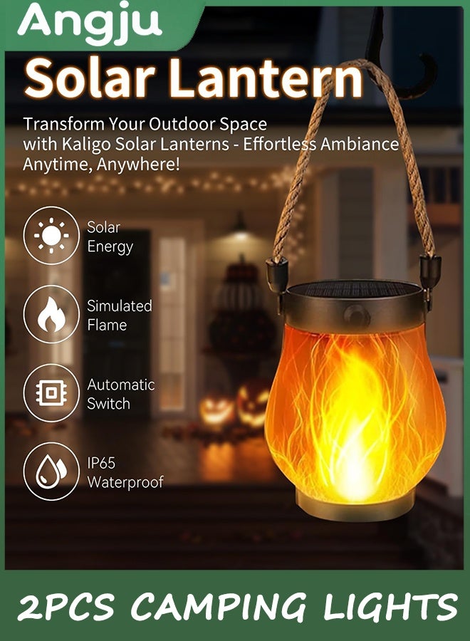 انججو أضواء التخييم ، مصابيح اللهب الشمسية في الهواء الطلق 2pcs ، حبل القنب المقاوم للماء معلق مصابيح الشمسية المتوهجة في الهواء الطلق مع أوضاع الشحن المزدوجة من Solars و USB للحديقة والفناء - Image 3