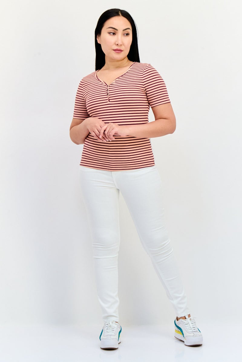 ONLY Women V-Neck Short Sleeves Stripe Top, Multicolor  - Image 4