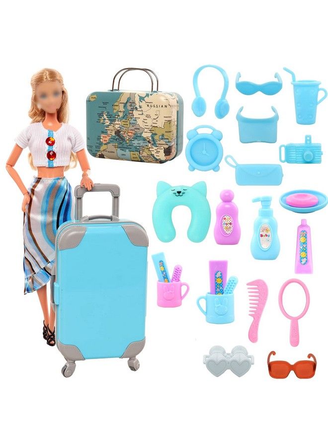 Miunana 29Pcs Doll Travel Clothes And Accessories Blue Trunk Suitcase 2 Girl Doll Clothes 1 Boy Doll Clothes 8 Life Accessories 12 Wash Accessories Telescope Sunglasses （Not Include Doll）  - Image 2