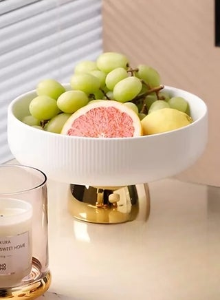 Zorqon Gold-Plated White Ceramic Pedestal Bowl Decorative Fruit