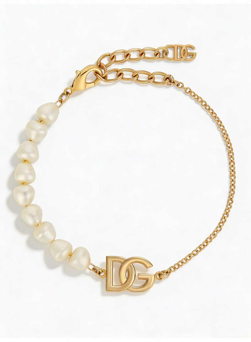 D&G Logo Pearl Chain Bracelet | Gold asymmetric luxury bracelet - Image 1