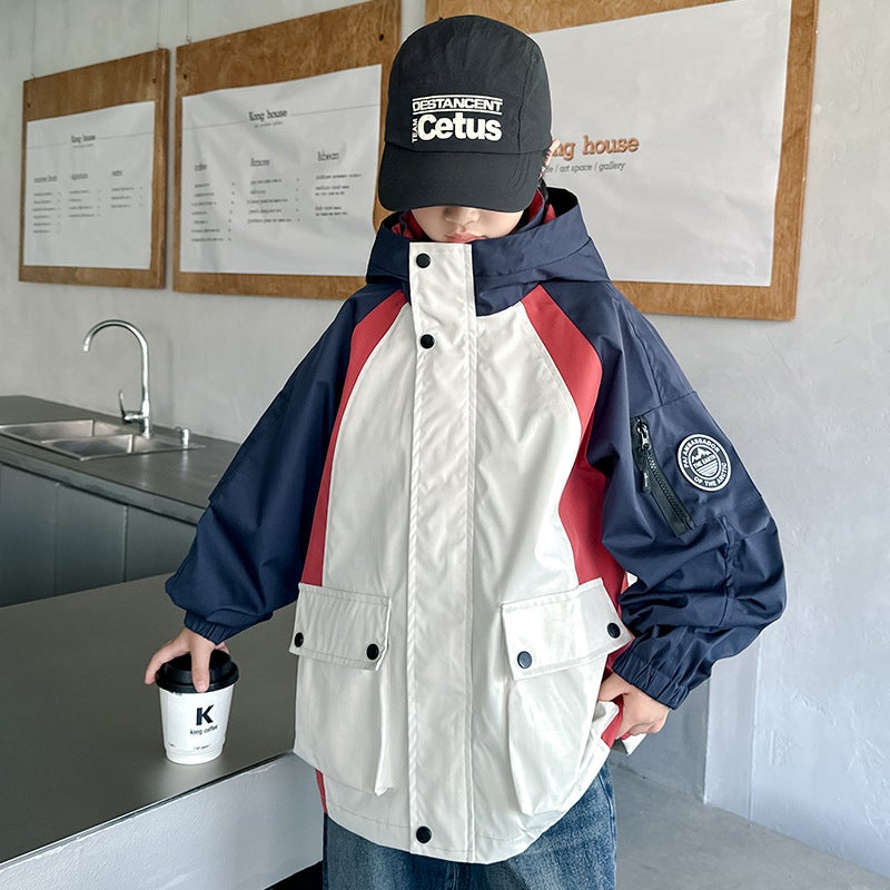 Boys' Jacket Model For Older Children, Trendy Hooded Windbreaker For Boys In Autumn - Image 1
