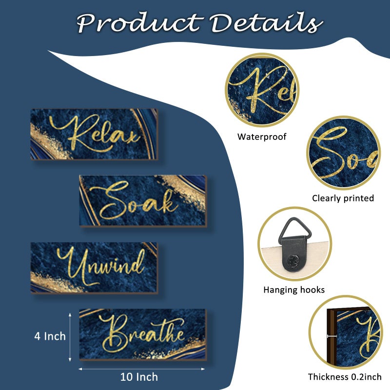 ONIZHITY 4 Pcs Blue and Gold Bathroom Decor Navy Blue Gold Wall Decor Relax Soak Unwind Breathe Wooden Rustic Marble Style Versatile Bathroom Accessories for Bedroom Living Room Decor(10X4) - Image 2