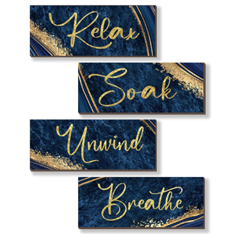 ONIZHITY 4 Pcs Blue and Gold Bathroom Decor Navy Blue Gold Wall Decor Relax Soak Unwind Breathe Wooden Rustic Marble Style Versatile Bathroom Accessories for Bedroom Living Room Decor(10X4) - Image 1