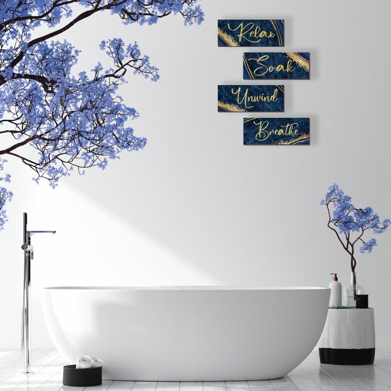 ONIZHITY 4 Pcs Blue and Gold Bathroom Decor Navy Blue Gold Wall Decor Relax Soak Unwind Breathe Wooden Rustic Marble Style Versatile Bathroom Accessories for Bedroom Living Room Decor(10X4) - Image 4
