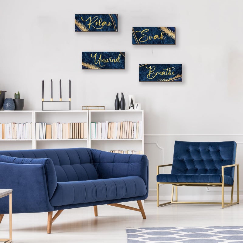 ONIZHITY 4 Pcs Blue and Gold Bathroom Decor Navy Blue Gold Wall Decor Relax Soak Unwind Breathe Wooden Rustic Marble Style Versatile Bathroom Accessories for Bedroom Living Room Decor(10X4) - Image 3