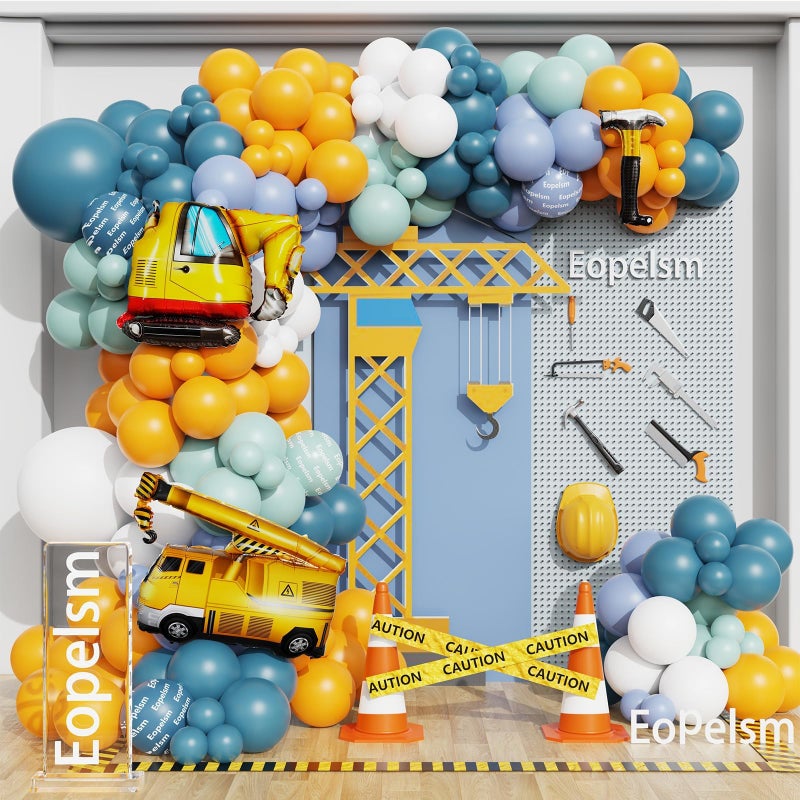 Eopelsm Construction Balloons Garland Arch Kit 155Pcs Yellow and Blue Balloons with Crane Excavator Hammer Foil Balloon for Birthday Baby Shower Trucker Appreciation Day Construction Party Decorations - Image 2