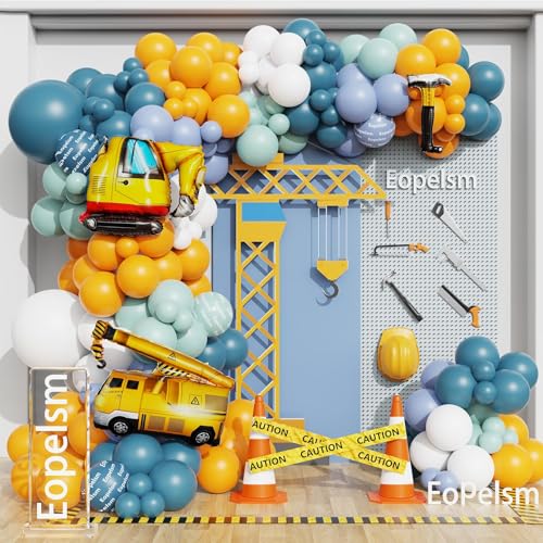 Eopelsm Construction Balloons Garland Arch Kit 155Pcs Yellow and Blue Balloons with Crane Excavator Hammer Foil Balloon for Birthday Baby Shower Trucker Appreciation Day Construction Party Decorations - Image 1