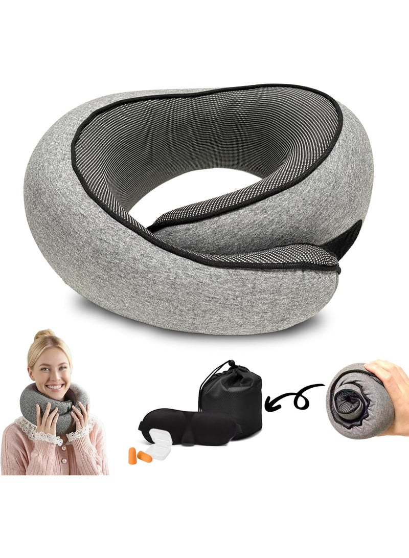 Eworld Memory Foam U-Shaped Travel Neck Pillow, Ergonomic Neck Support Cushion with Soft Head Rest, Portable with Storage Bag for Plane, Car & Train Travel (Grey) - Image 1