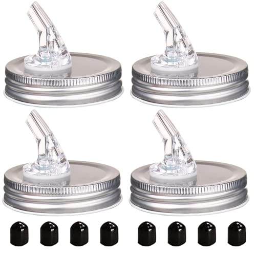 ziHenryDa Mason Jar Pour Spouts. free flow Mason Jar Pour Spouts, mason jar for spout regular mouth size 70mm dispenser germination cover. Suitable for any liquid. Leak-Proof 4-Pack + 8 Lid Caps (silver color) - Image 1