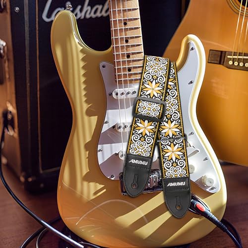 Amumu 2" Yellow Guitar Strap - Starbloom Hootenanny Embroidered with Vegan Leather Ends - for Acoustic, Electric, Bass Guitars, Adjustable 37'' to 63" - Image 3