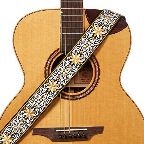 Amumu 2" Yellow Guitar Strap - Starbloom Hootenanny Embroidered with Vegan Leather Ends - for Acoustic, Electric, Bass Guitars, Adjustable 37'' to 63" - Image 1