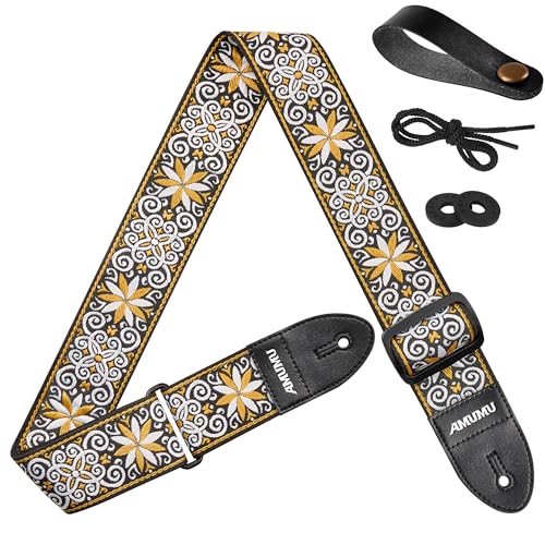 Amumu 2" Yellow Guitar Strap - Starbloom Hootenanny Embroidered with Vegan Leather Ends - for Acoustic, Electric, Bass Guitars, Adjustable 37'' to 63" - Image 2