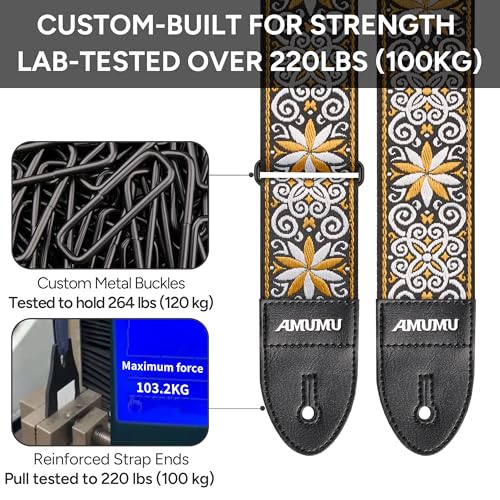 Amumu 2" Yellow Guitar Strap - Starbloom Hootenanny Embroidered with Vegan Leather Ends - for Acoustic, Electric, Bass Guitars, Adjustable 37'' to 63" - Image 4