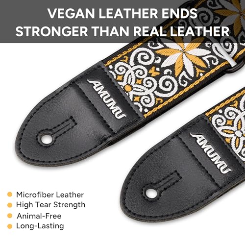 Amumu 2" Yellow Guitar Strap - Starbloom Hootenanny Embroidered with Vegan Leather Ends - for Acoustic, Electric, Bass Guitars, Adjustable 37'' to 63" - Image 5