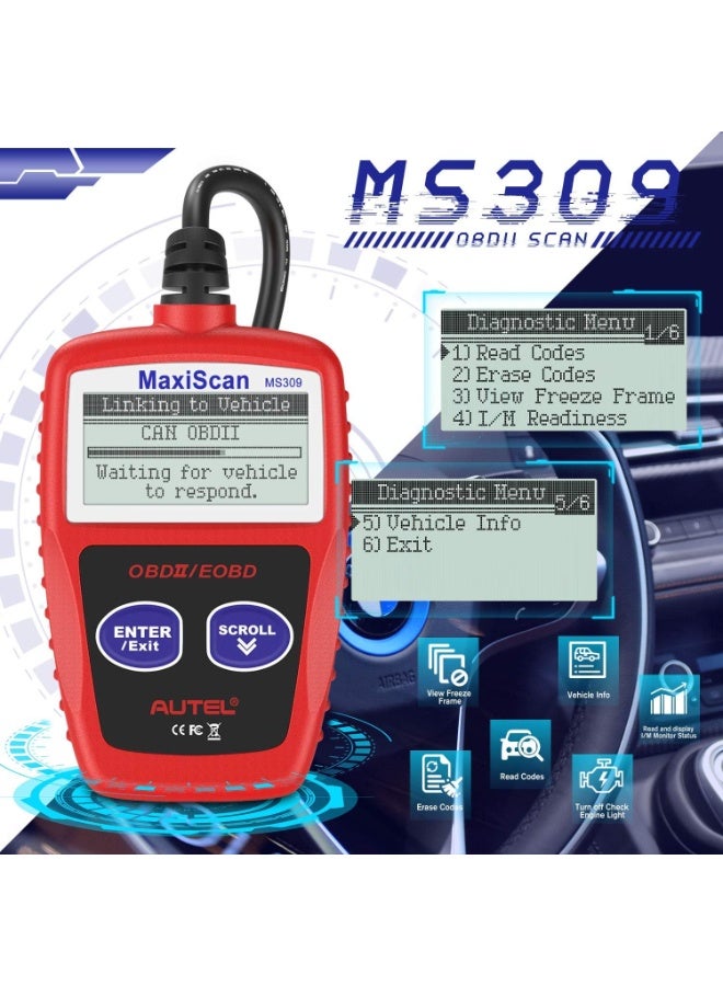 Autel Autel OBD2 Scanner MS309 Universal Car Engine Fault Code Reader, Check Engine Light and Emission Monitor Status, OBDII CAN Diagnostic Scan Tool  - Image 3