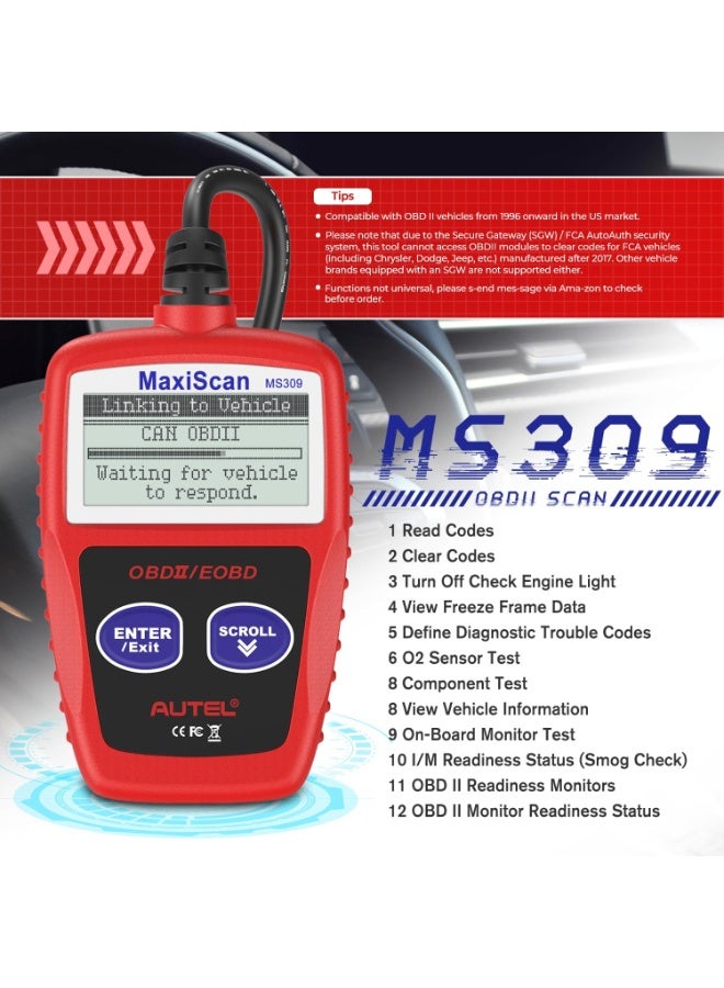 Autel OBD2 Scanner MS309 Universal Car Engine Fault Code Reader, Check Engine Light and Emission Monitor Status, OBDII CAN Diagnostic Scan Tool - Image 4