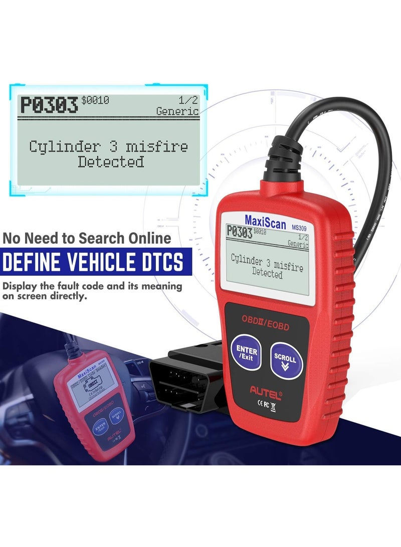 Autel OBD2 Scanner MS309 Universal Car Engine Fault Code Reader, Check Engine Light and Emission Monitor Status, OBDII CAN Diagnostic Scan Tool - Image 2