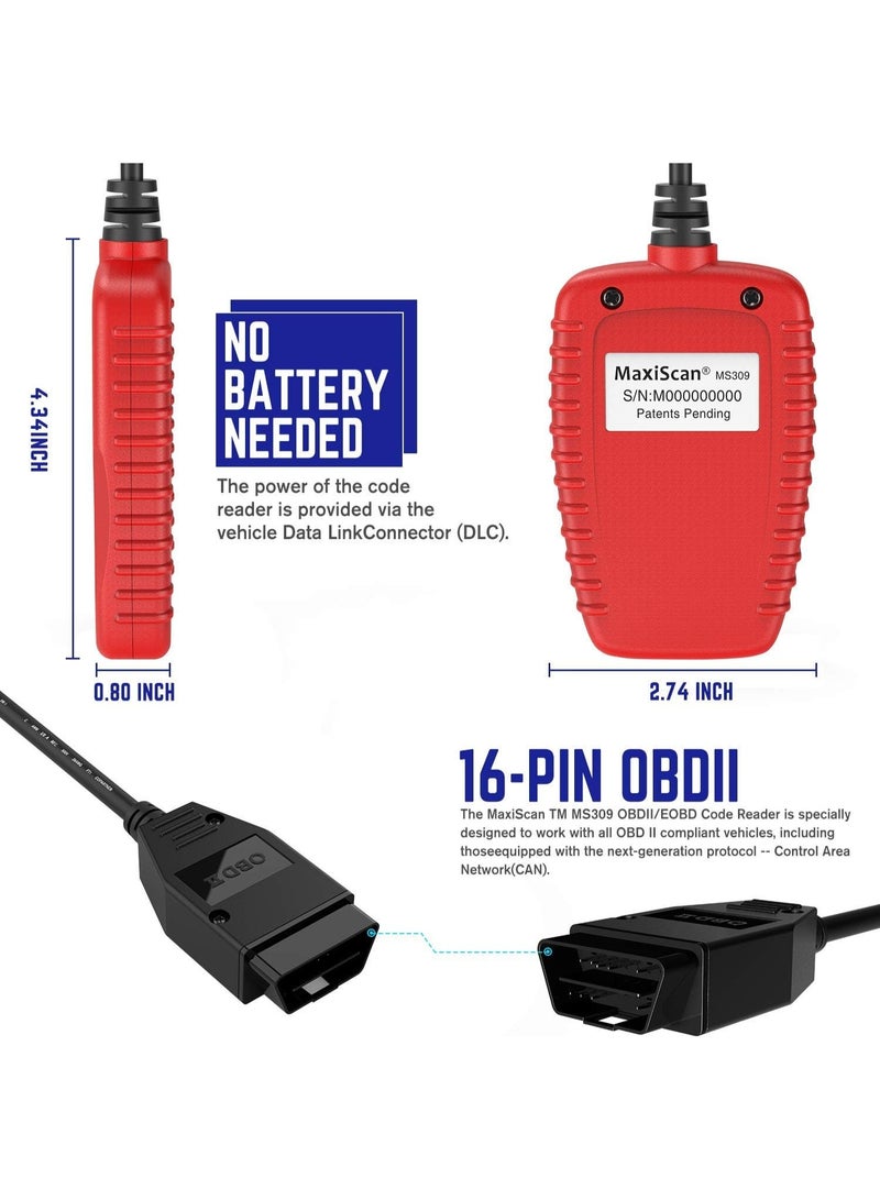 Autel OBD2 Scanner MS309 Universal Car Engine Fault Code Reader, Check Engine Light and Emission Monitor Status, OBDII CAN Diagnostic Scan Tool - Image 3