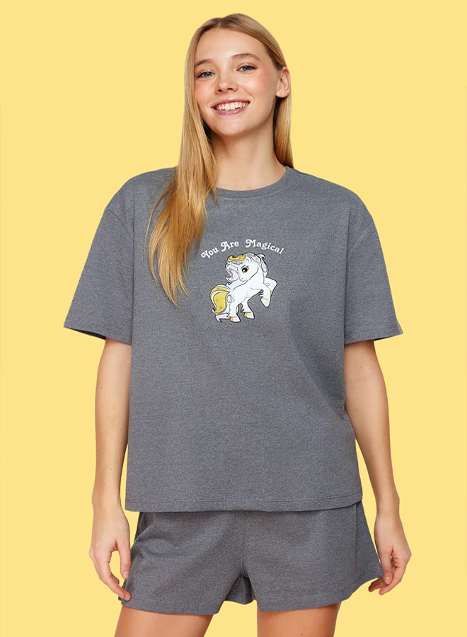 trendyol Grey Melange Printed Knitted Pajama Set with Shorts - Image 1