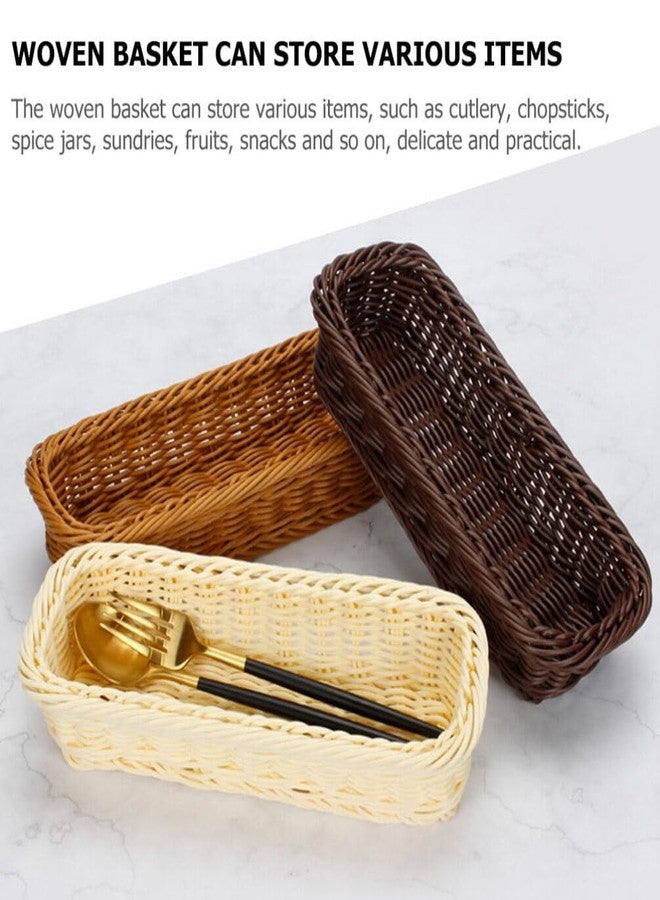 HEMOTON Plastic Storage Basket 2pcs Woven Kitchen Drawer Organizer Rattan Utensil Tray Silverware Tray Cutlery Storage Basket Sundry Organizer Basket Flatware for Kitchen Beige - Image 3