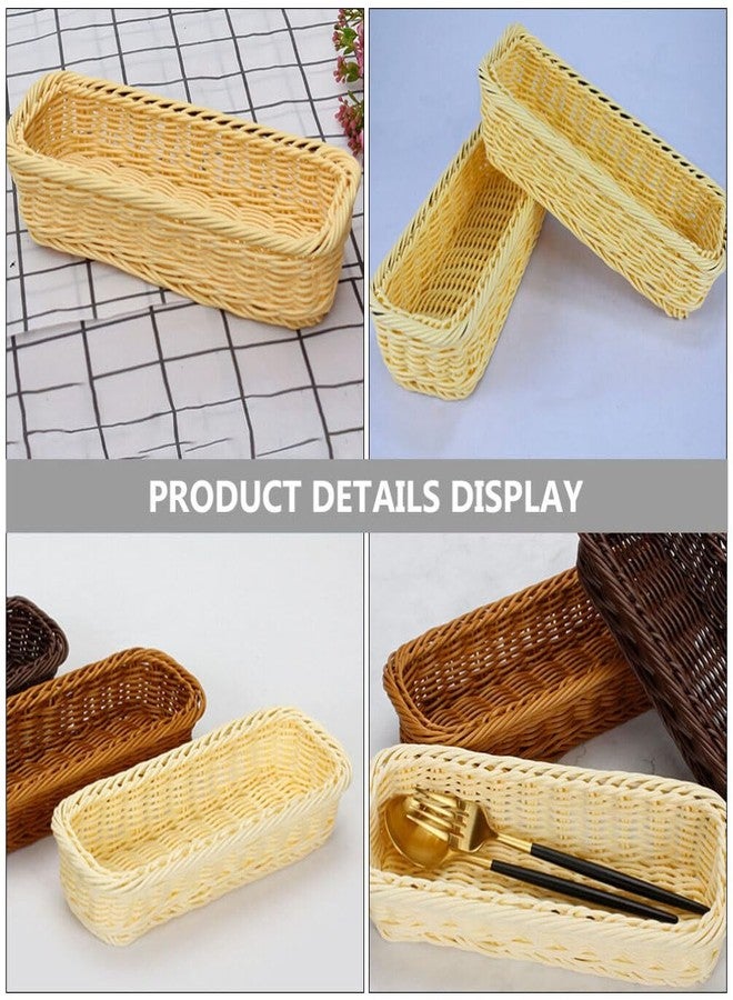 HEMOTON Plastic Storage Basket 2pcs Woven Kitchen Drawer Organizer Rattan Utensil Tray Silverware Tray Cutlery Storage Basket Sundry Organizer Basket Flatware for Kitchen Beige - Image 2