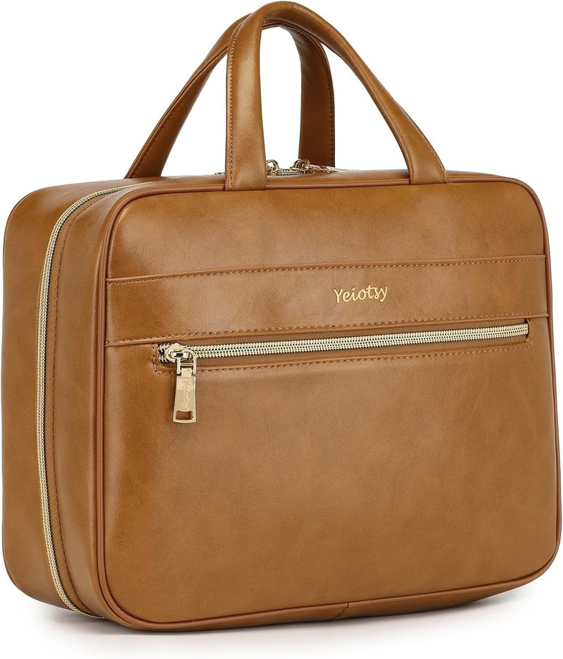Yeiotsy Large Hanging Travel Toiletry Bag Vegan Leather Mens Womens Business Trip Cosmetics Makeup Organizer Bag (Brown, Large)