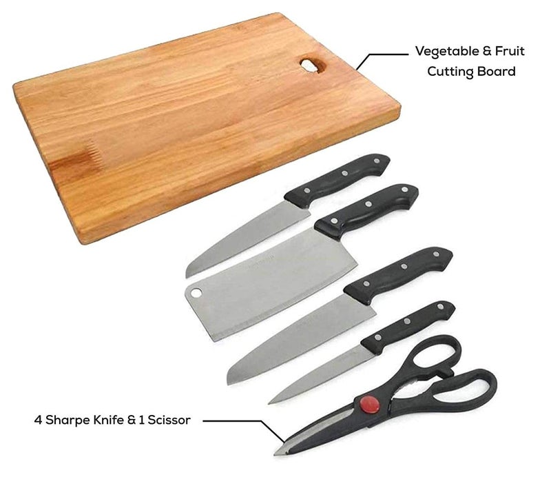 Nirvik Chopping Board with Knife Set and Scissor 6 Piece Stainless Steel Kitchen Knife Knives Set with Knife Scissor Wooden Chopping BoardSilver BlackStainless Steel - Image 4