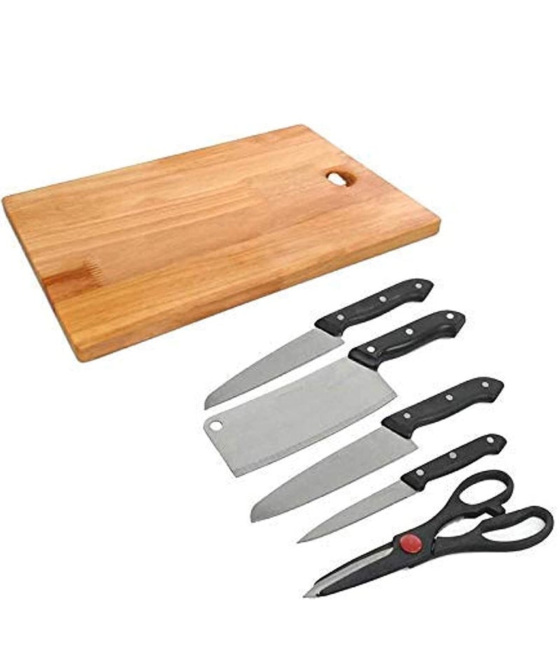 Nirvik Chopping Board with Knife Set and Scissor 6 Piece Stainless Steel Kitchen Knife Knives Set with Knife Scissor Wooden Chopping BoardSilver BlackStainless Steel - Image 1