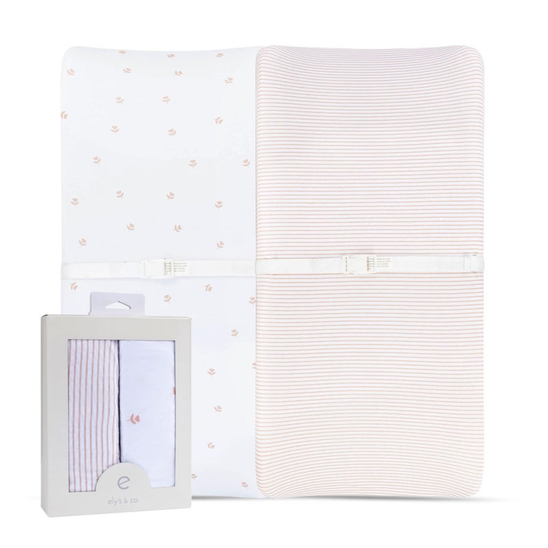 Ely's & Co. Ely’s & Co. Changing Pad Cover, Diaper Changing Table Sheets, 2 Pack, Cradle Sheet Set for Baby Girls, 100% Jersey Knit Cotton, Pink Tulip Collection, 32”x16”x5” - Image 1