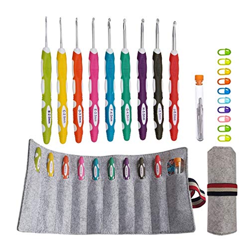 Lewhoo Ergonomic Crochet Hooks with Roll Felt Bag, Crochet Hooks Set for Arthritic Hands, Size from B to J - Image 1