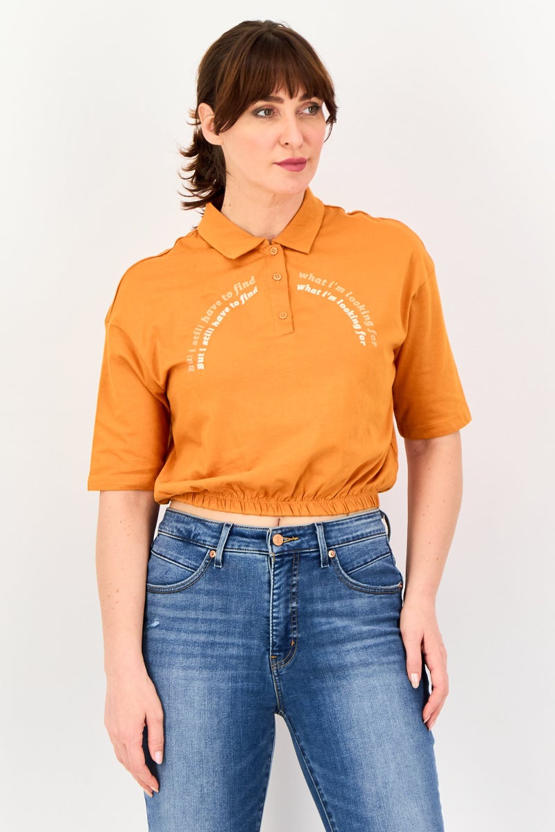 ONLY Women Pointed Collar Long Sleeve Graphic Print Blouse, Dark Orange - Image 1