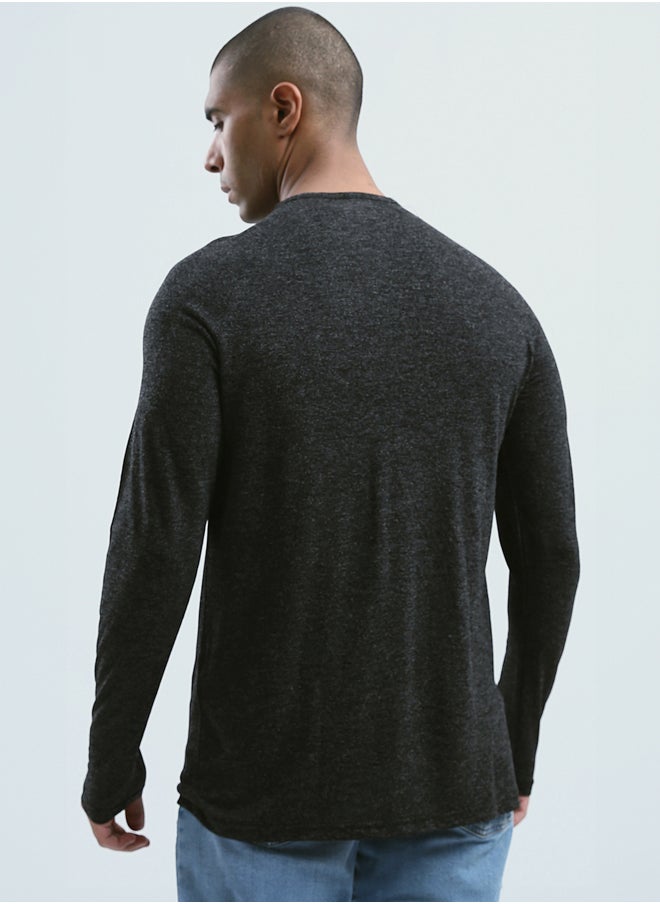 RAVIN - Regular Fit Heahter Black Long Sleeves Henley Shirt - Image 1